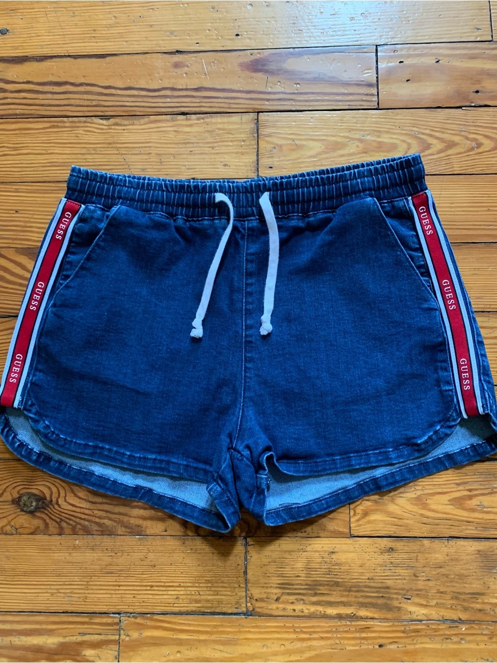Guess Denim-Style Athletic Shorts with Red Logo Tape
